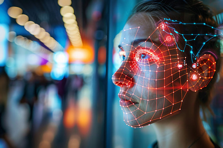 Woman face with digital grid pattern on dark blue background, au, a Photo by Dvoevnore photos