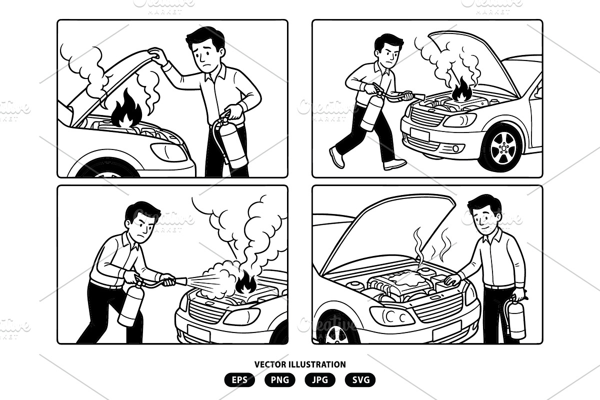 Man extinguishing a fire in his car, a Person Illustration by Vectorlina (Photo 3 of 3)