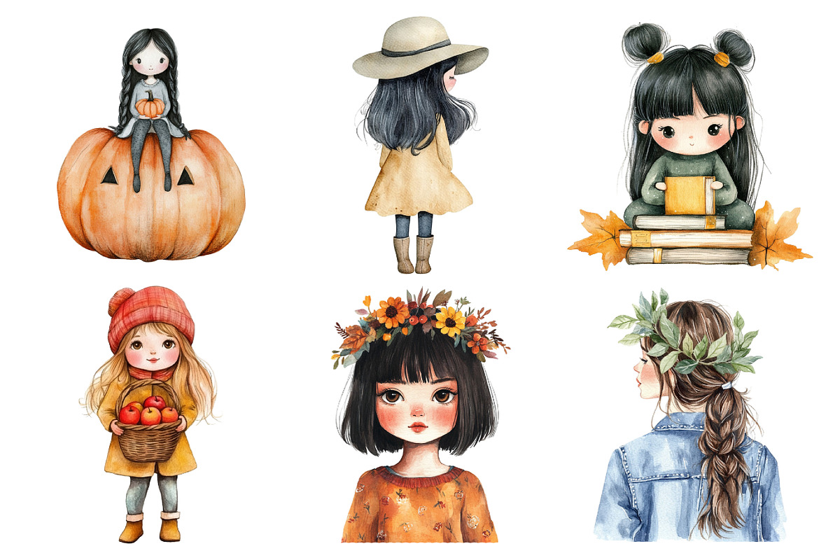 Whimsical Fall Black Hair Girl Clipa, an Illustration by Daily.Designs (Photo 4 of 5)