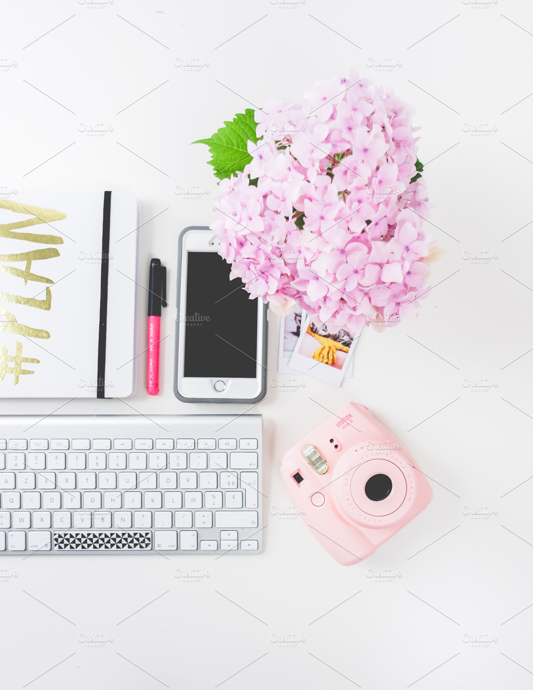 Tall Flatlay Feminine Desk Instax, a Technology Photo by very simple photos