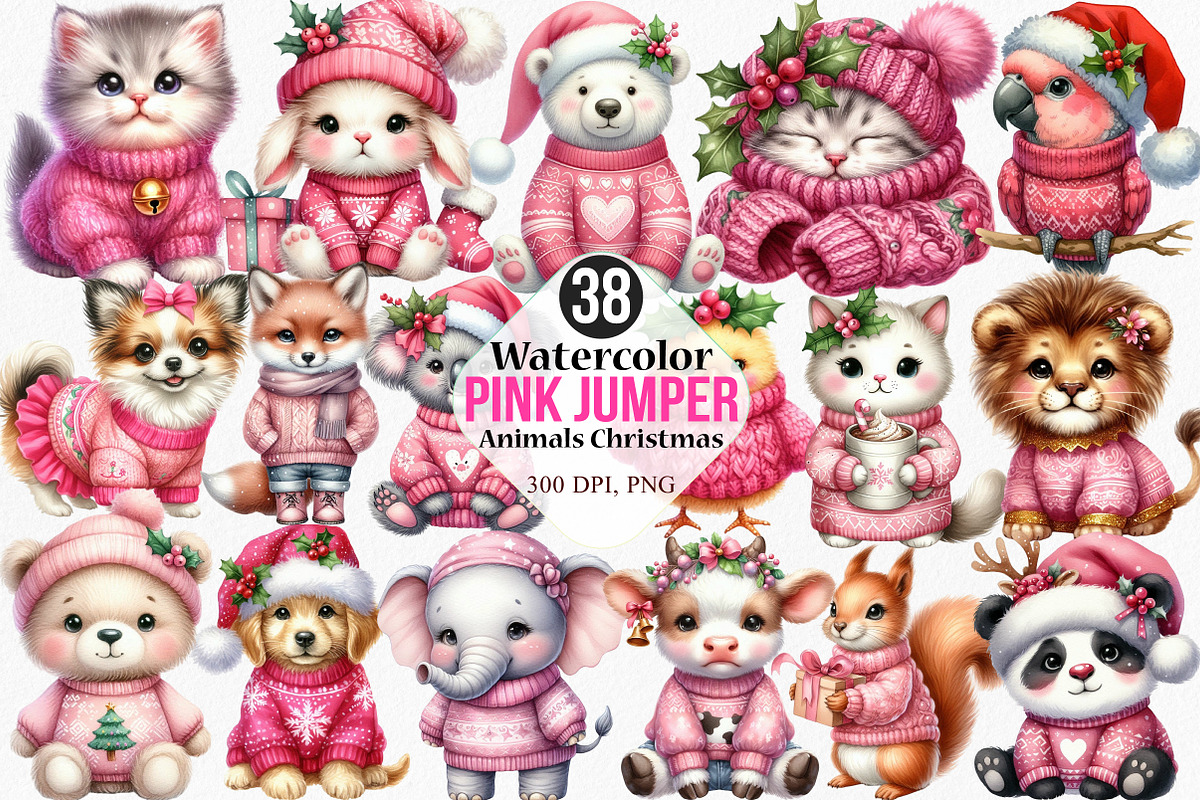 Pink Jumper Animals Christmas, an Illustration by Canvas Craft (Photo 1 of 8)