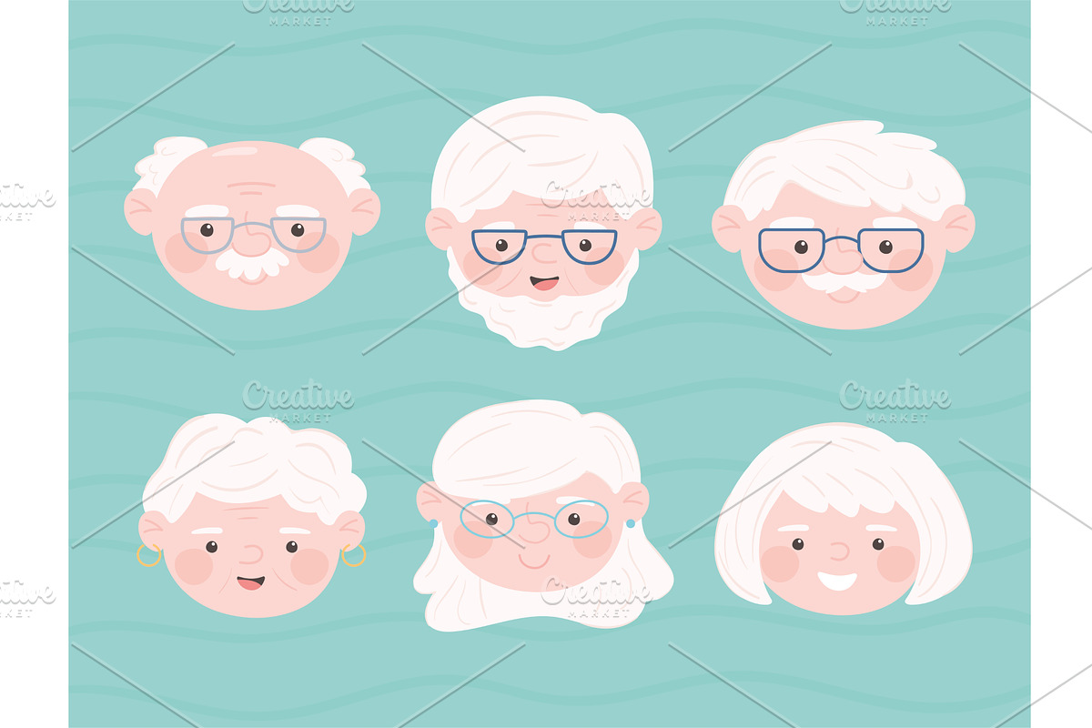set of cute faces old people, a Person Illustration by studiogstock