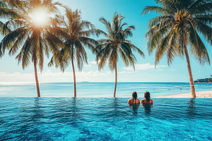 Couple relaxing at a tropical resort, a Photo by Pavel_design