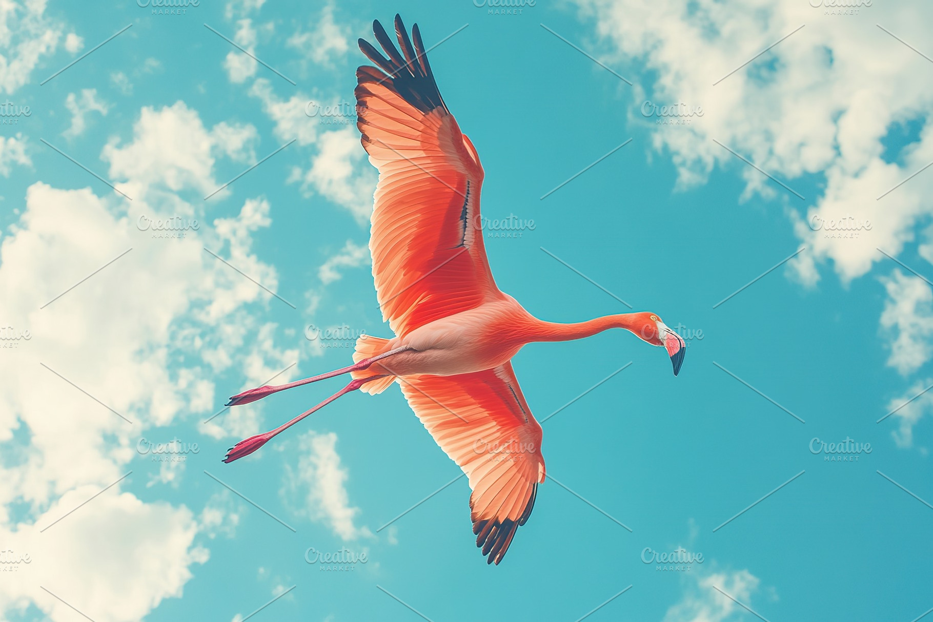 Flamingo flying in blue sky, an Animal Photo by AlyaAnd