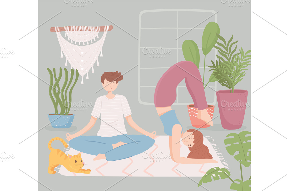 couple in home doing yoga, an Animal Illustration by studiogstock