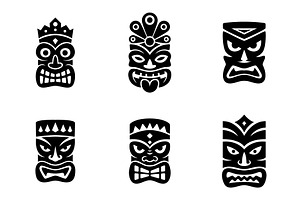 Collection of six tiki masks with, an Illustration by GraphiShop