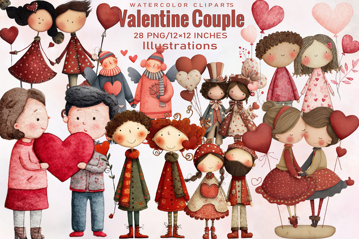 Watercolor-valentine Couple Clipart, an Illustration by SVGArt (Photo 1 of 8)