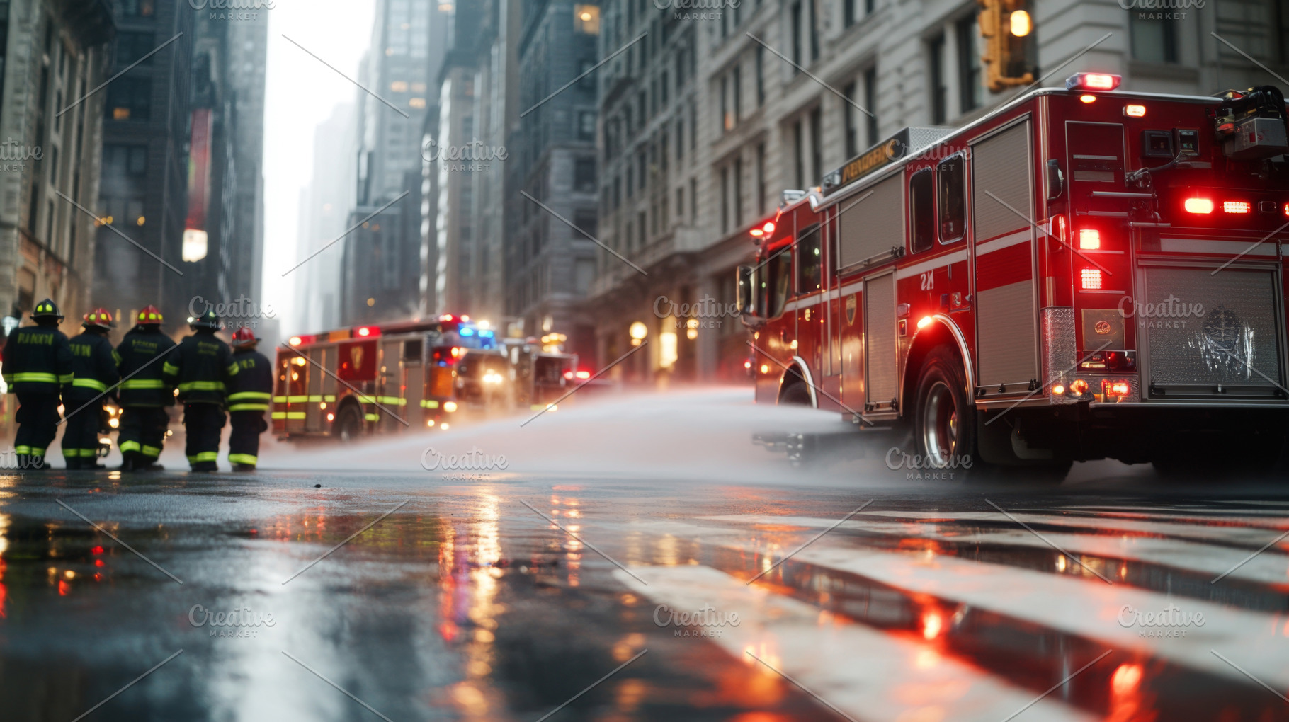 Firefighters battling high-rise building blaze, urban emergency, a Photo by Dvoevnore photos