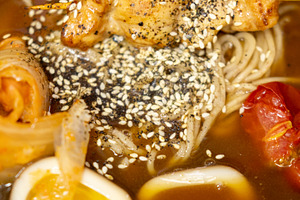 Asian dish miso soup spaghetti vegetable meat egg, a Food & Drink Photo by Photo Drive Studio