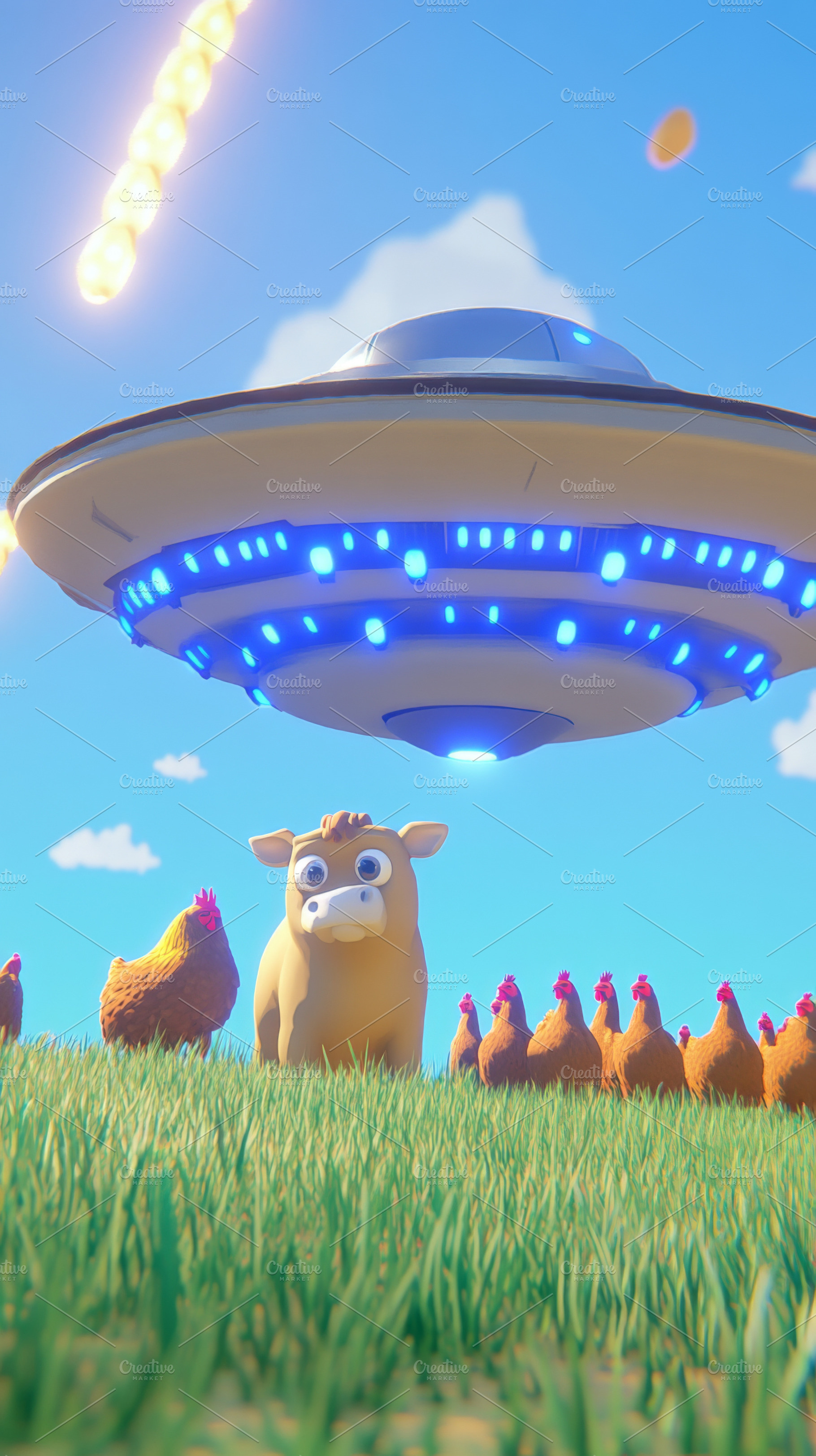 UFO hovers over grass with cow and c, a Photo by Dvoevnore photos