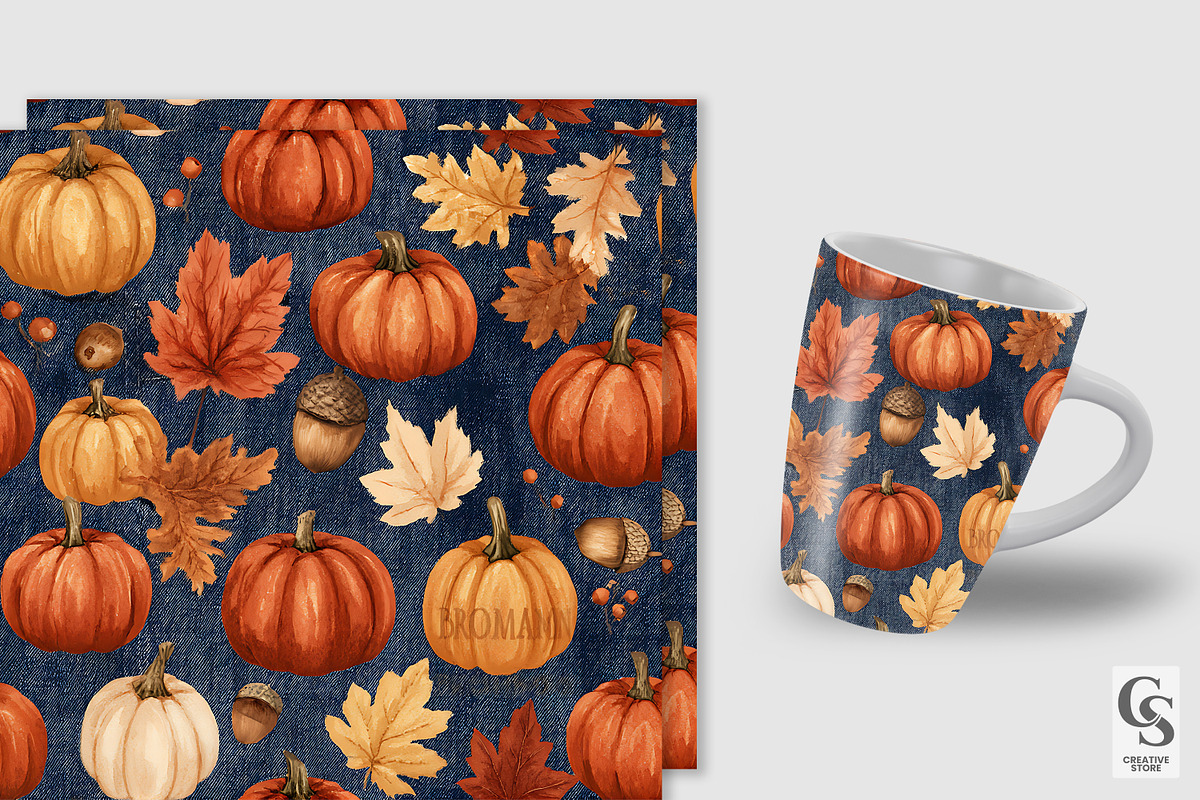 Denim Pumpkin & Leaves Pattern, a Pattern Graphic by Creative Store (Photo 3 of 5)