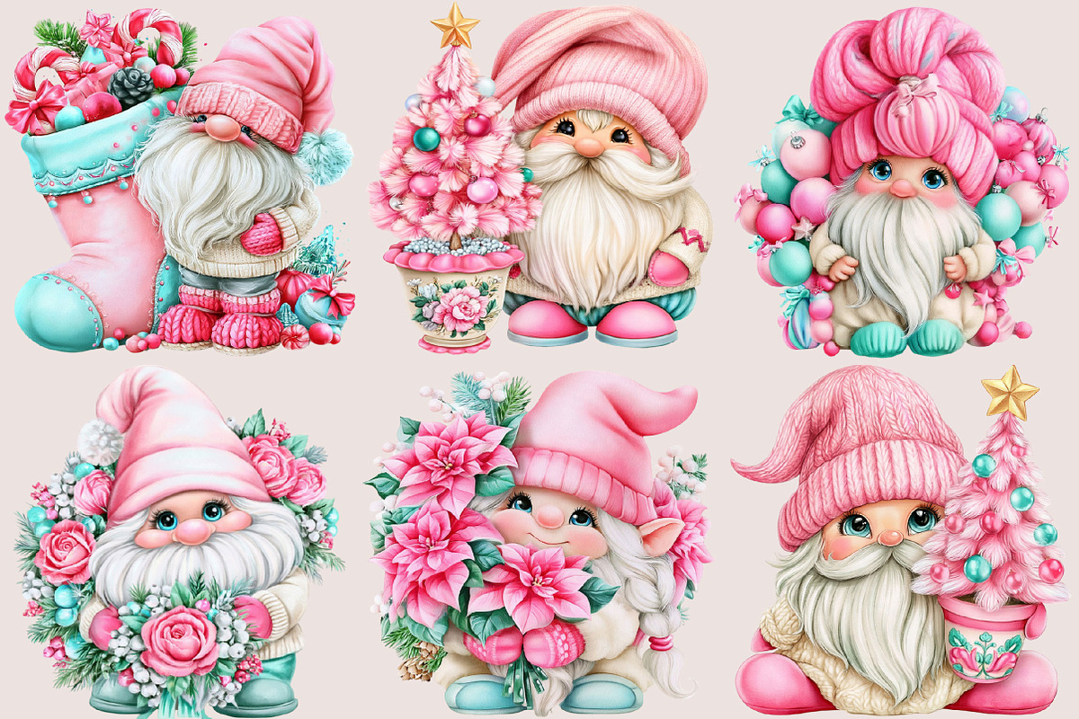 Pink Christmas Gnome Clipart Bundle, a Seasonal Illustration by SVGArt (Photo 2 of 5)