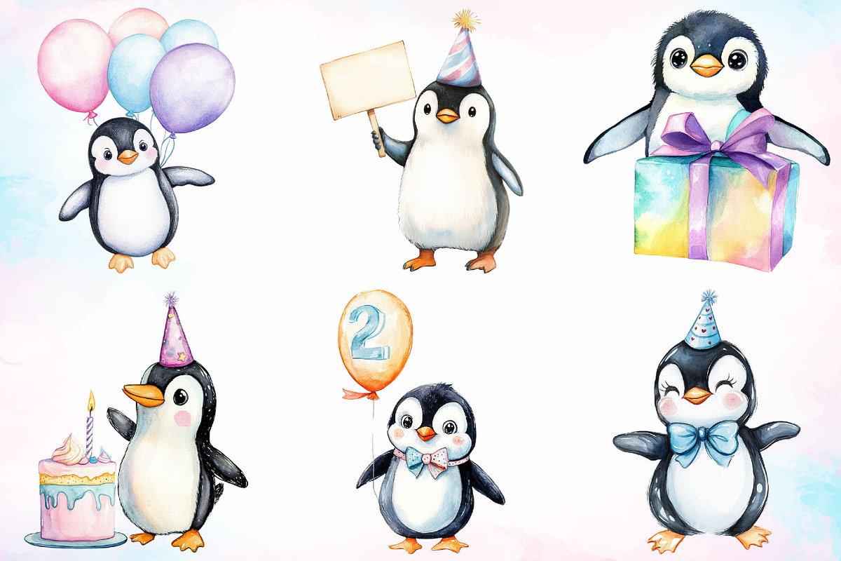 Watercolor Cute Baby Penguin Birthda, an Animal Illustration by Canvas Craft (Photo 3 of 3)