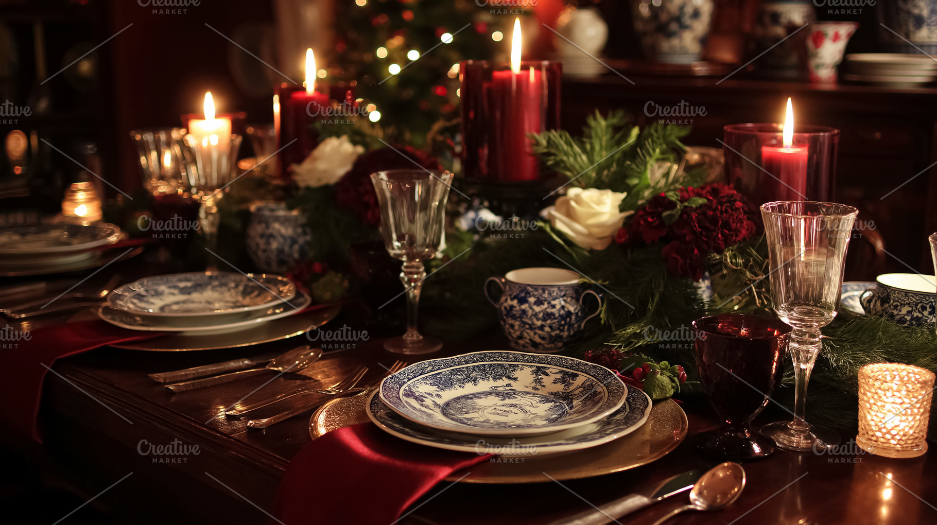 Christmas dinner table setting with flickering candles and festive decorations, a Food & Drink Photo by Studio ANNA