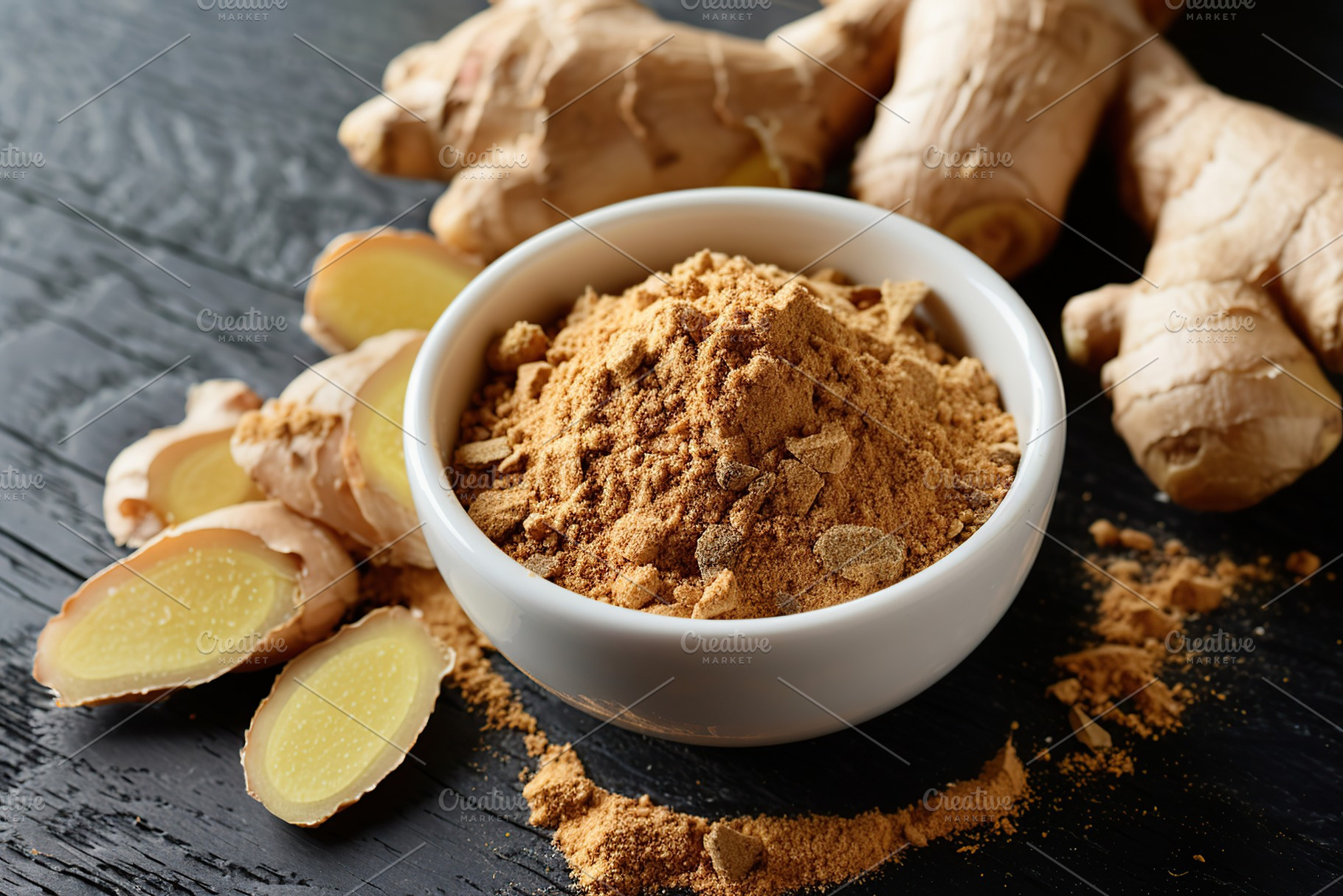 Ground dry ginger in bowl on wooden table, a Food & Drink Photo by AlyaAnd