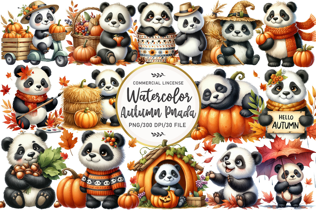 Watercolor Autumn Panda Clipart, an Illustration by OK Design (Photo 1 of 5)