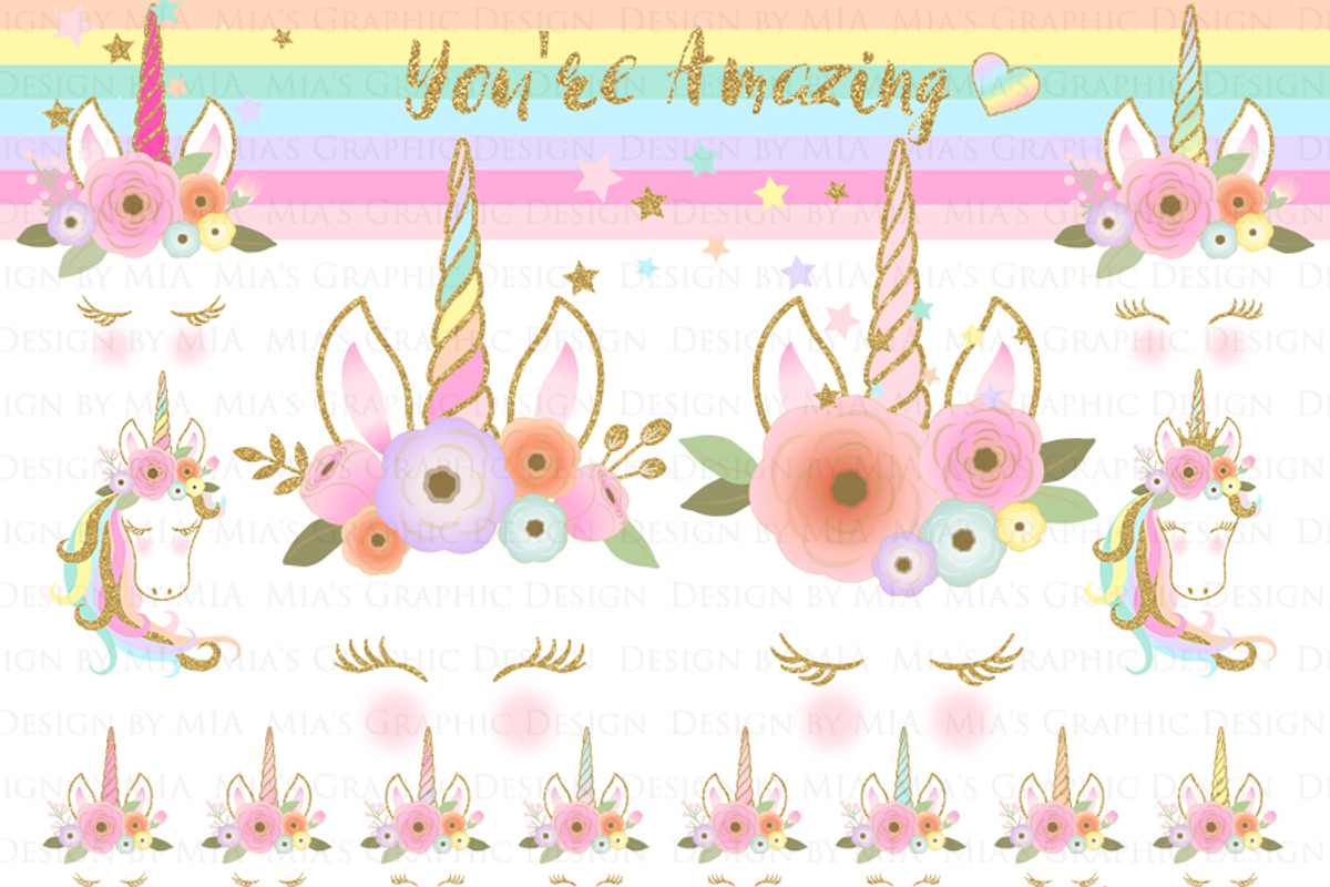 Unicorn Faces Gold Clipart, Pattern, an Illustration by Mia's Graphic Design (Photo 4 of 11)
