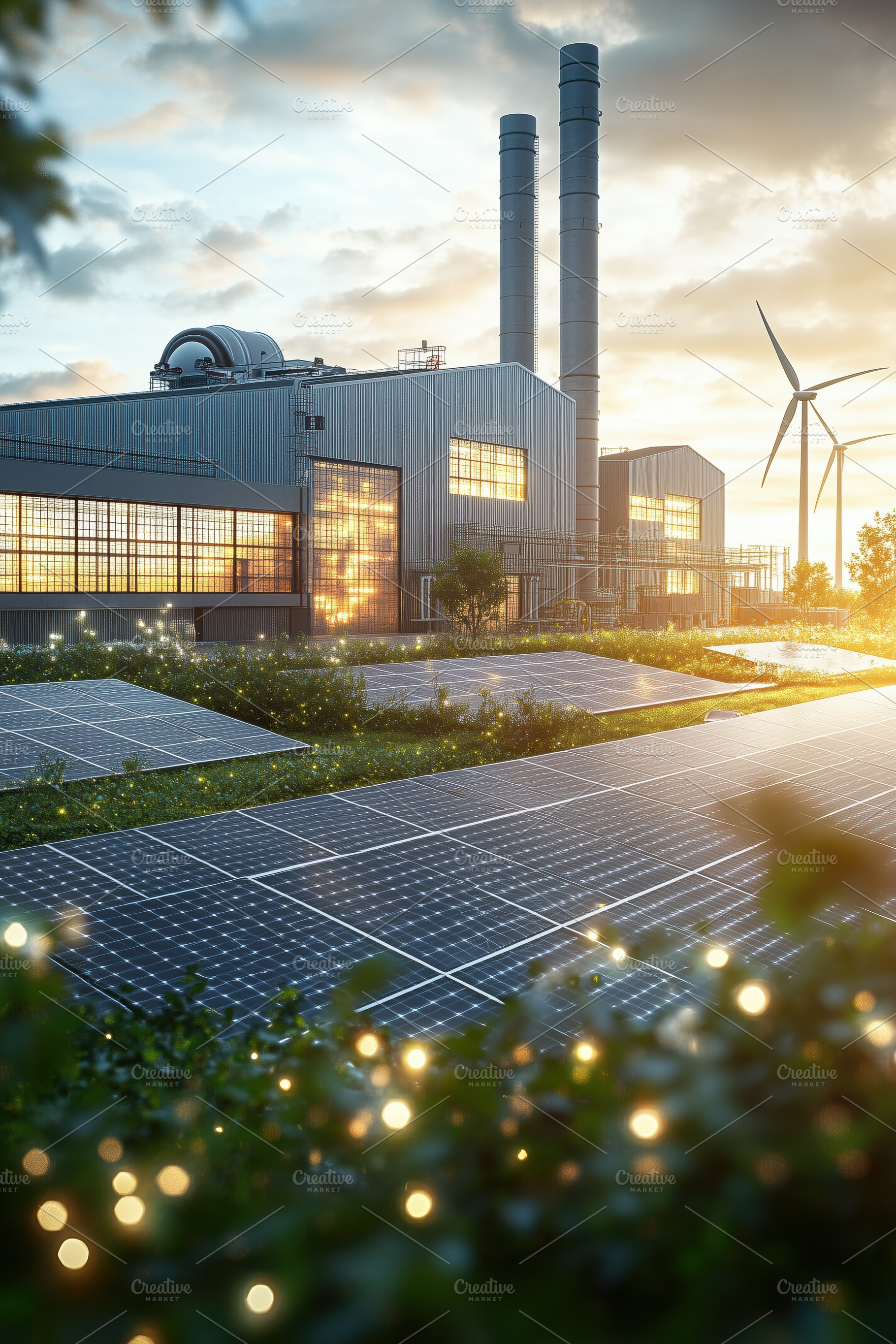 A modern industrial facility with solar panels and wind turbines, showcasing re, a Transportation Photo by Textures & Backgrounds