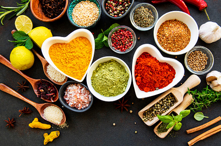 Various spices in a bowls on a black stock photo containing spice and, a Food & Drink Photo by Olena Rudo
