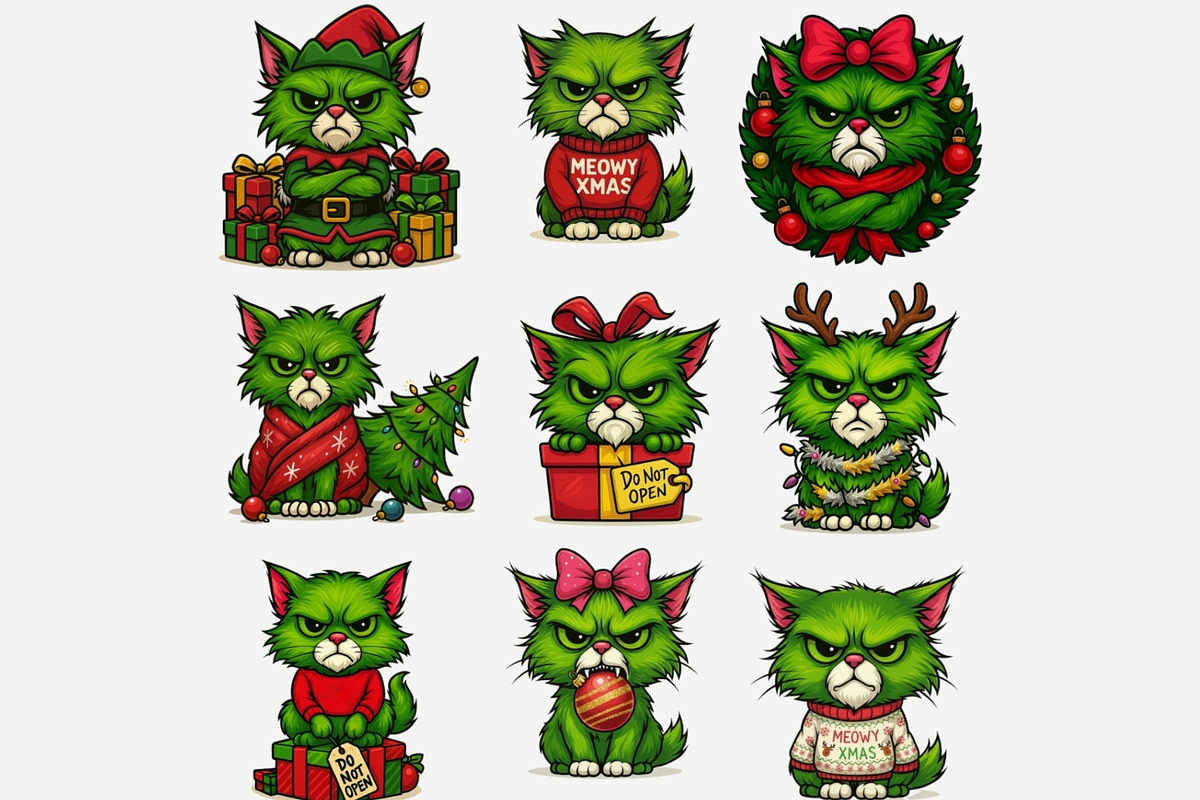 Green Angry Grumpy Christmas Cats, an Animal Illustration by Tanya Kart (Photo 8 of 11)