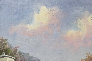 Mediterranean coastal village painting featuring traditional hou, a Decorative Illustration by Anneleven