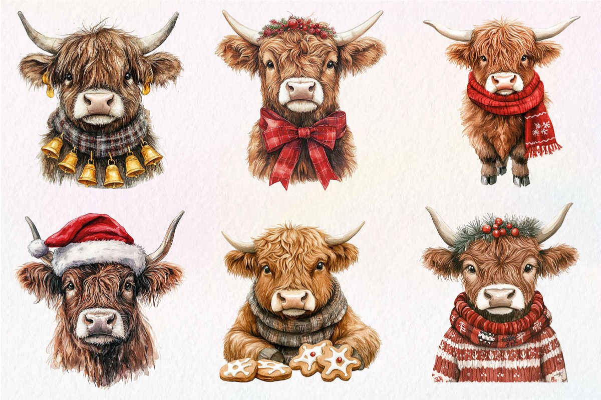 Christmas Highland Cow Clipart, an Illustration by Dream Creation (Photo 3 of 7)