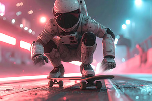 Futuristic robot skateboarder performing trick under neon lights, an Industrial Photo by GoodGoods