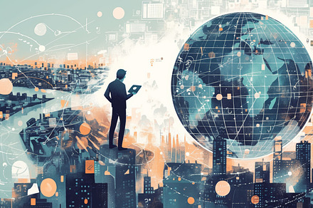Futuristic technology concept with global digital network and cityscape, an Illustration by AS photostudio
