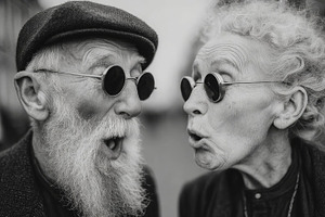Playful elderly couple in black and white portrait sharing a surprised, joyful, a Photo by AS photostudio