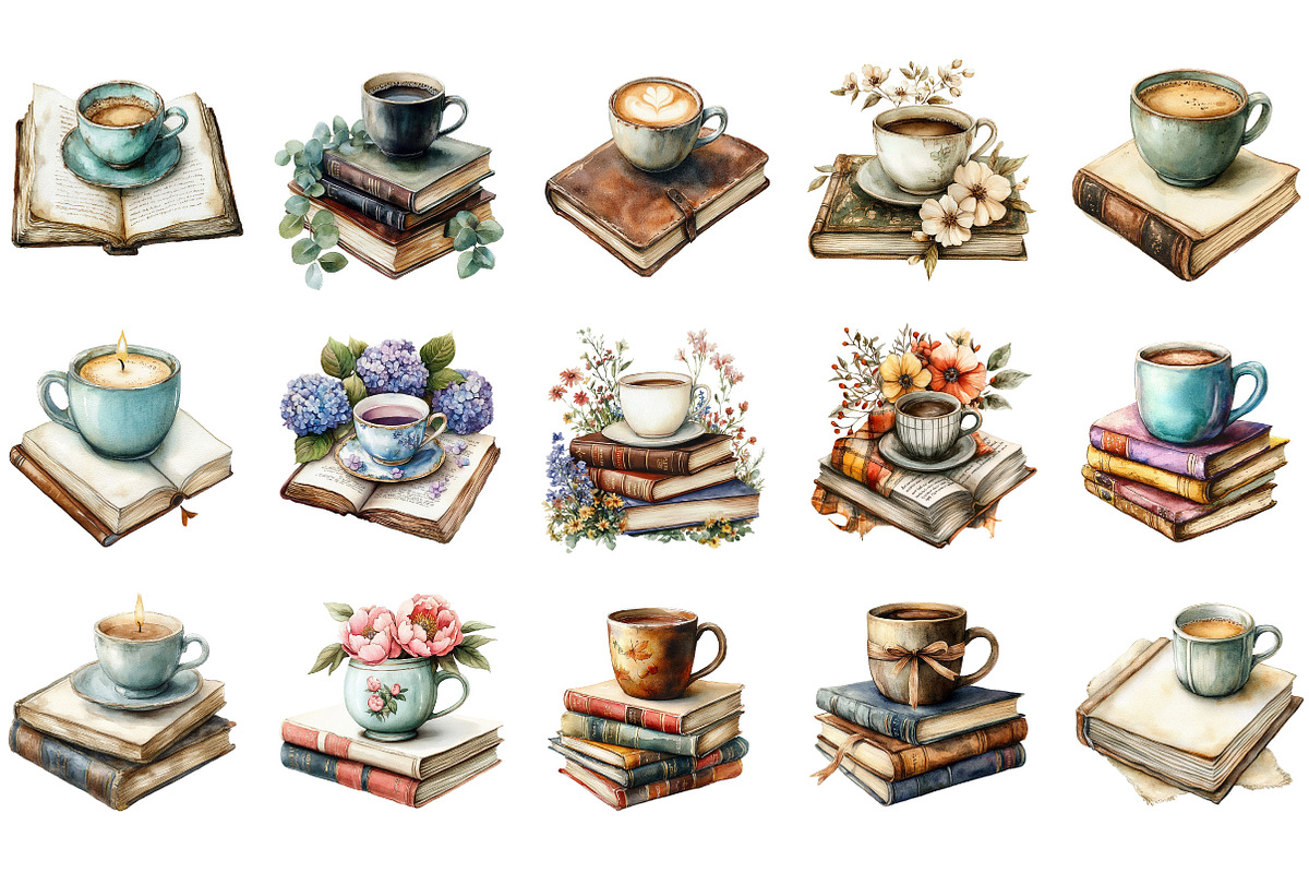 Coffee and book clipart bundle,, an Illustration by Designking (Photo 2 of 5)