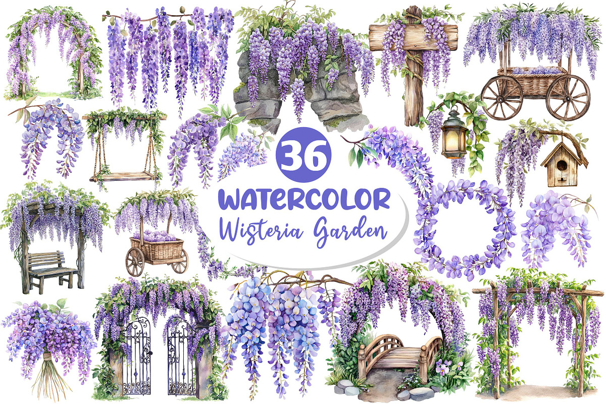 Watercolor Wisteria Garden Clipart, an Illustration by Dream Creation (Photo 1 of 4)