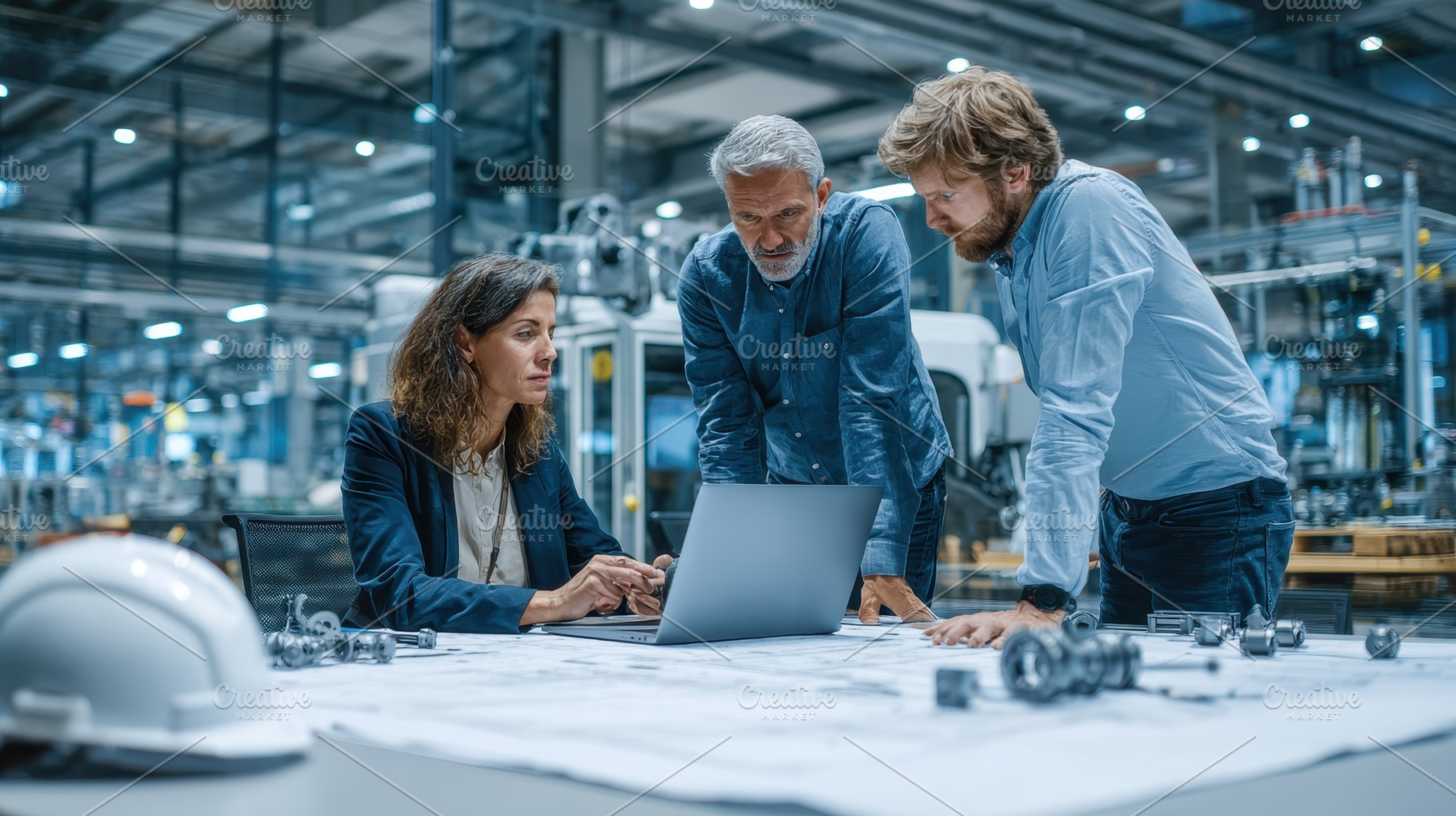 Engineering team reviewing blueprint, a Photo by Pixeness Studio