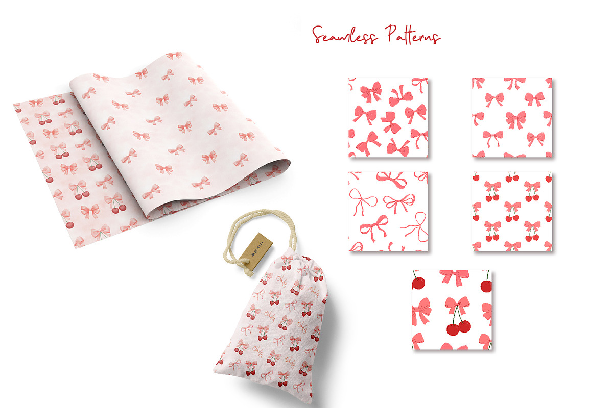 Coquette pink bow and cherry clipart, a Decorative Illustration by ElenaPlatovaArt (Photo 5 of 7)