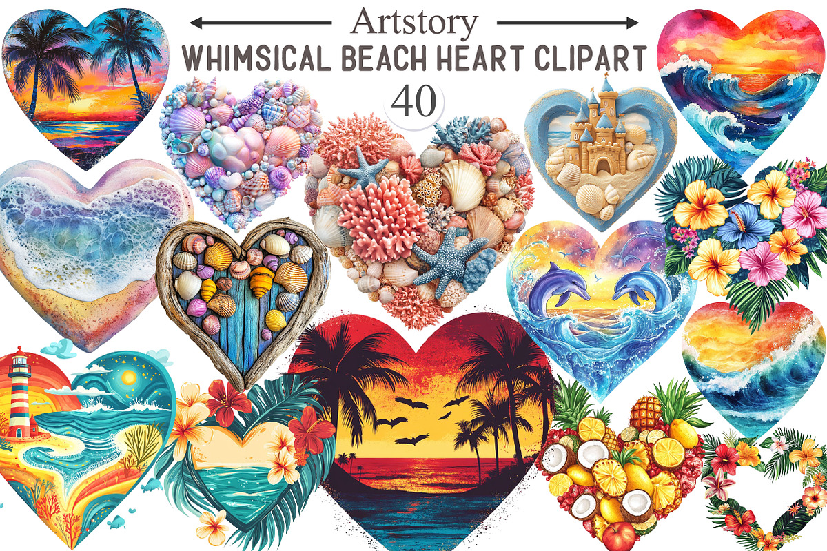 Whimsical Retro Beach Heart Clipart, an Illustration by designcity5 (Photo 1 of 5)