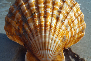 Scallop seashell in wet sand with sea foam and water reflections, a Photo by José Manuel Gelpi