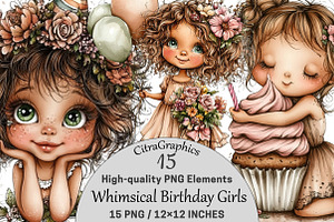 Whimsical Birthday Girls Clipart PNG, a Seasonal Illustration by CitraGraphics