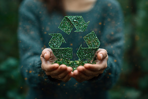 Ecology recycle icon with green leaves in human hands, a Photo by AlyaAnd