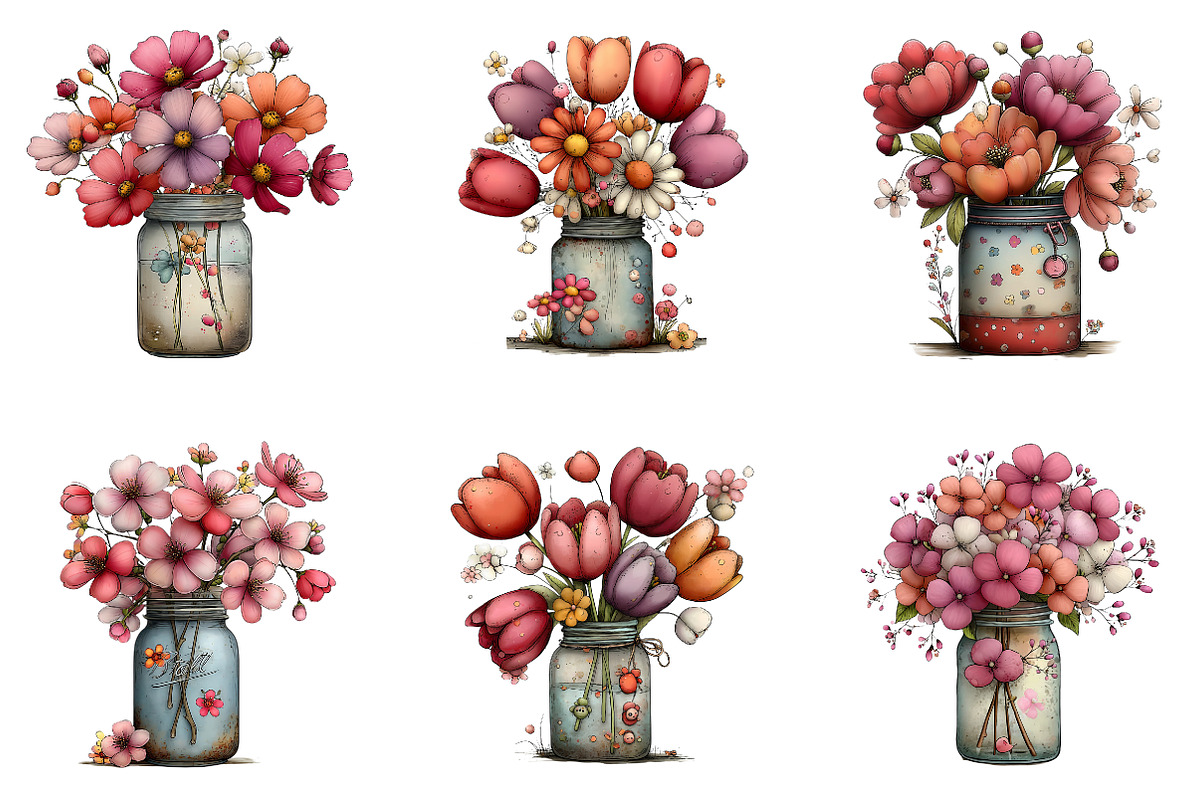 Whimsical Spring Mason Jar Clipart, an Illustration by CreationArt (Photo 2 of 6)