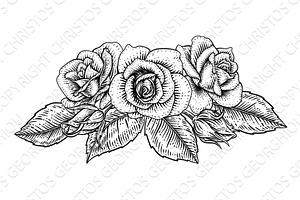 Rose Flower Design Woodcut Vintage