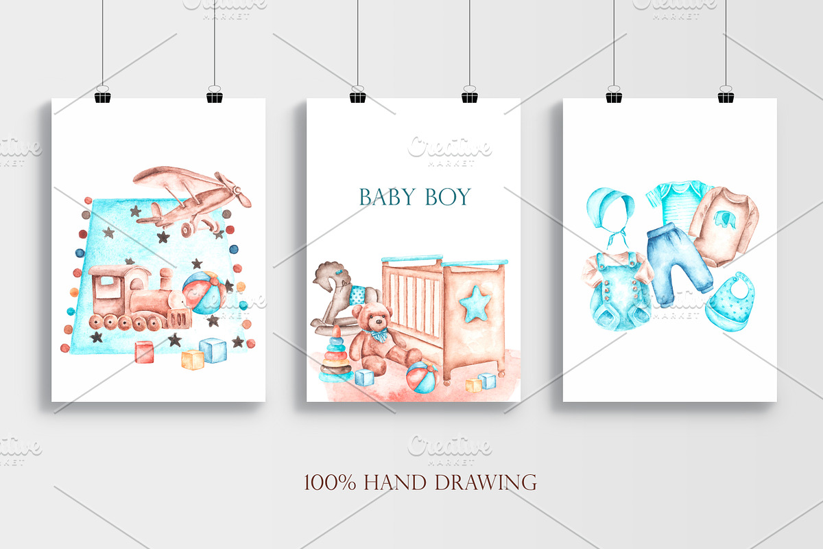 Baby boy watercolor set. Birthday., an Illustration by SabinaWatercolorArt (Photo 11 of 15)