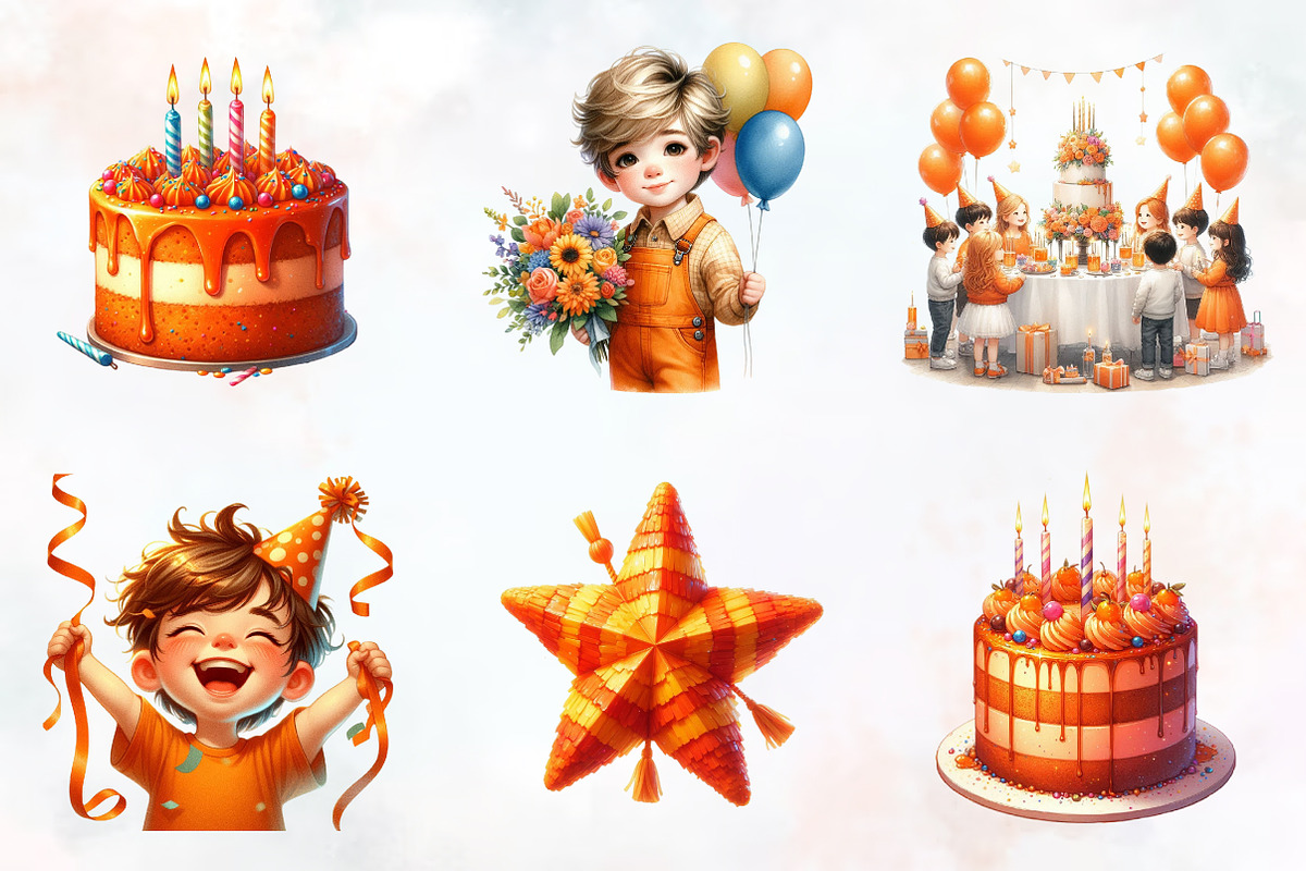 Kids Orange Birthday Watercolor Pngs, an Illustration by RobertsArt (Photo 4 of 7)