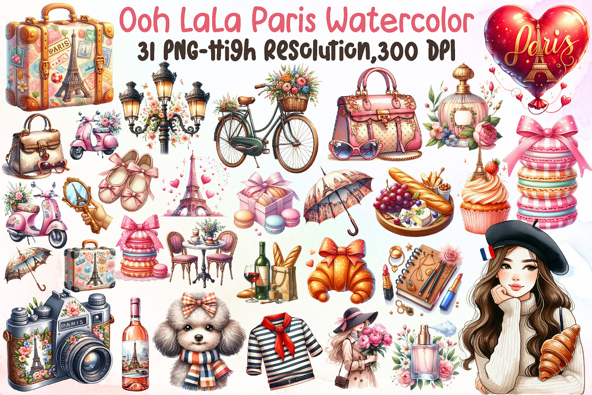 Ooh LaLa Paris Watercolor Clipart, an Illustration by Sublimation Artist (Photo 1 of 6)