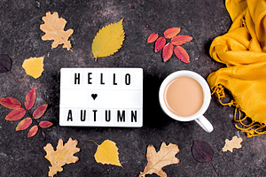 Hello Autumn Card Coffee Flat Lay