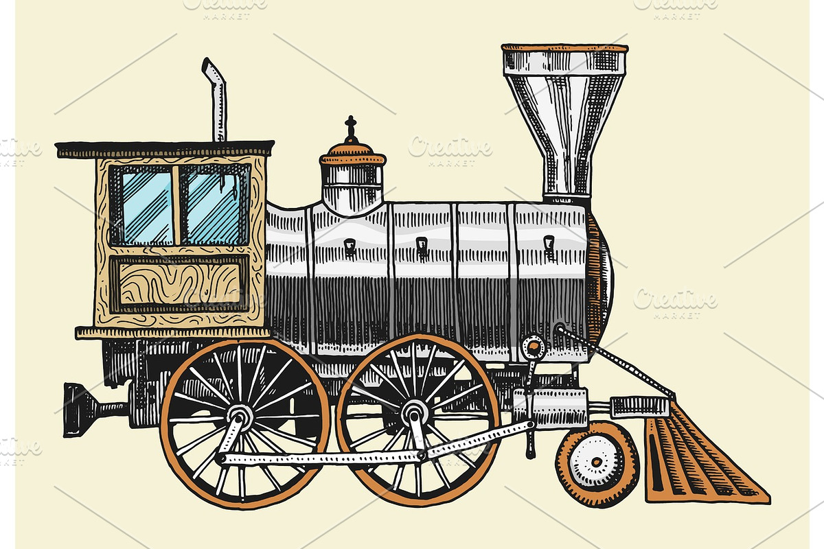 vintage train locomotive engraved, a Transportation Illustration by Arthur Balitskiy