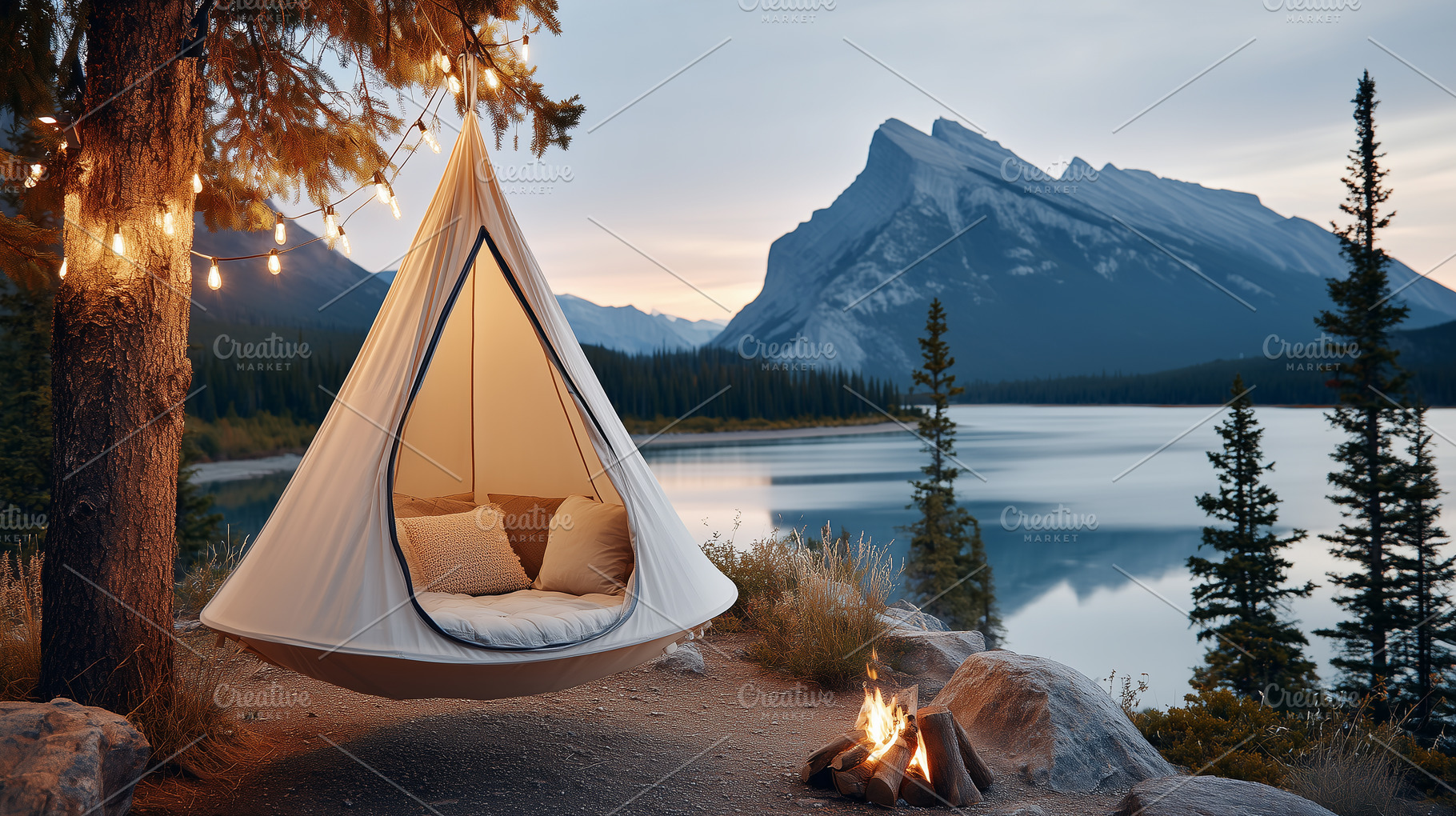 Cozy hanging tent with warm lights, a Nature Photo by MistyDay