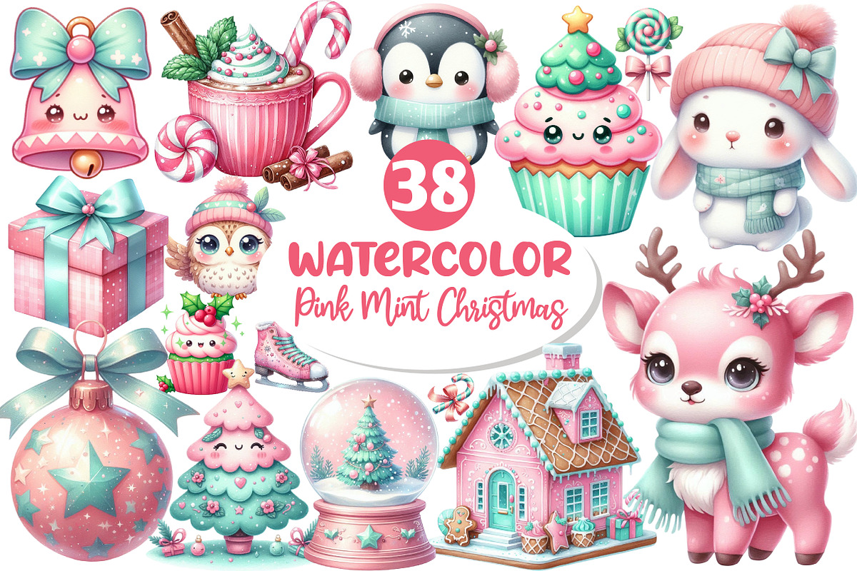 Kawaii Pink Mint Christmas Clipart, an Illustration by Dream Creation (Photo 1 of 7)