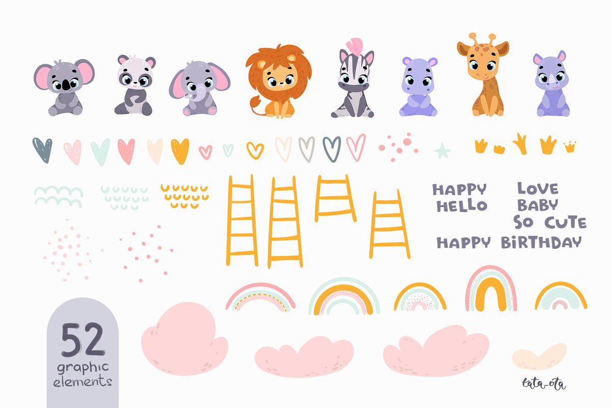 Baby animals and rainbow. clipart, an Animal Illustration by tata_ota (Photo 3 of 13)
