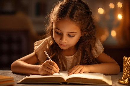 Close-up shot of a girl writing on her brand new notebook. Gener, a School & Education Photo by designvectx