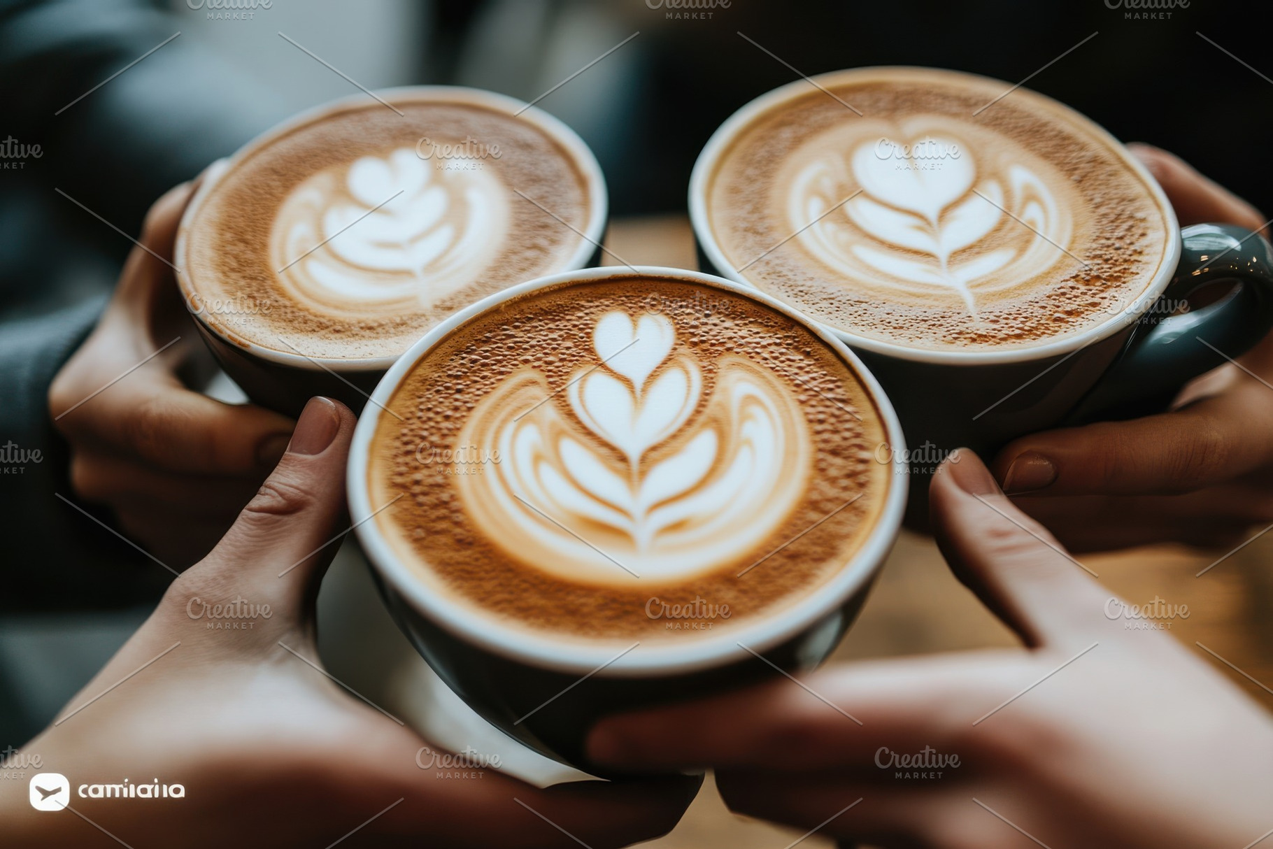 Three Latte Art Coffee Cups Friends, a Food & Drink Photo by Pixeness Studio