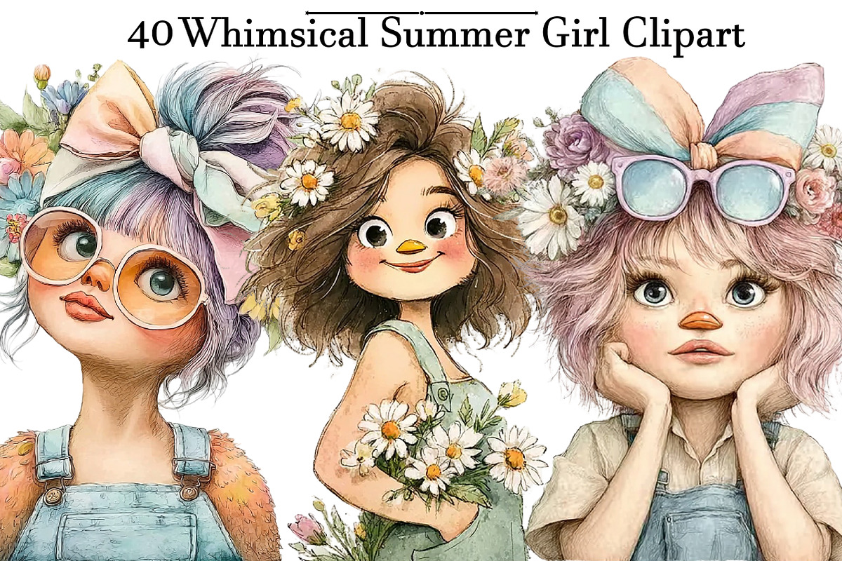 Whimsical Summer Girl Clipart, an Illustration by DreamArtGraphic (Photo 1 of 4)